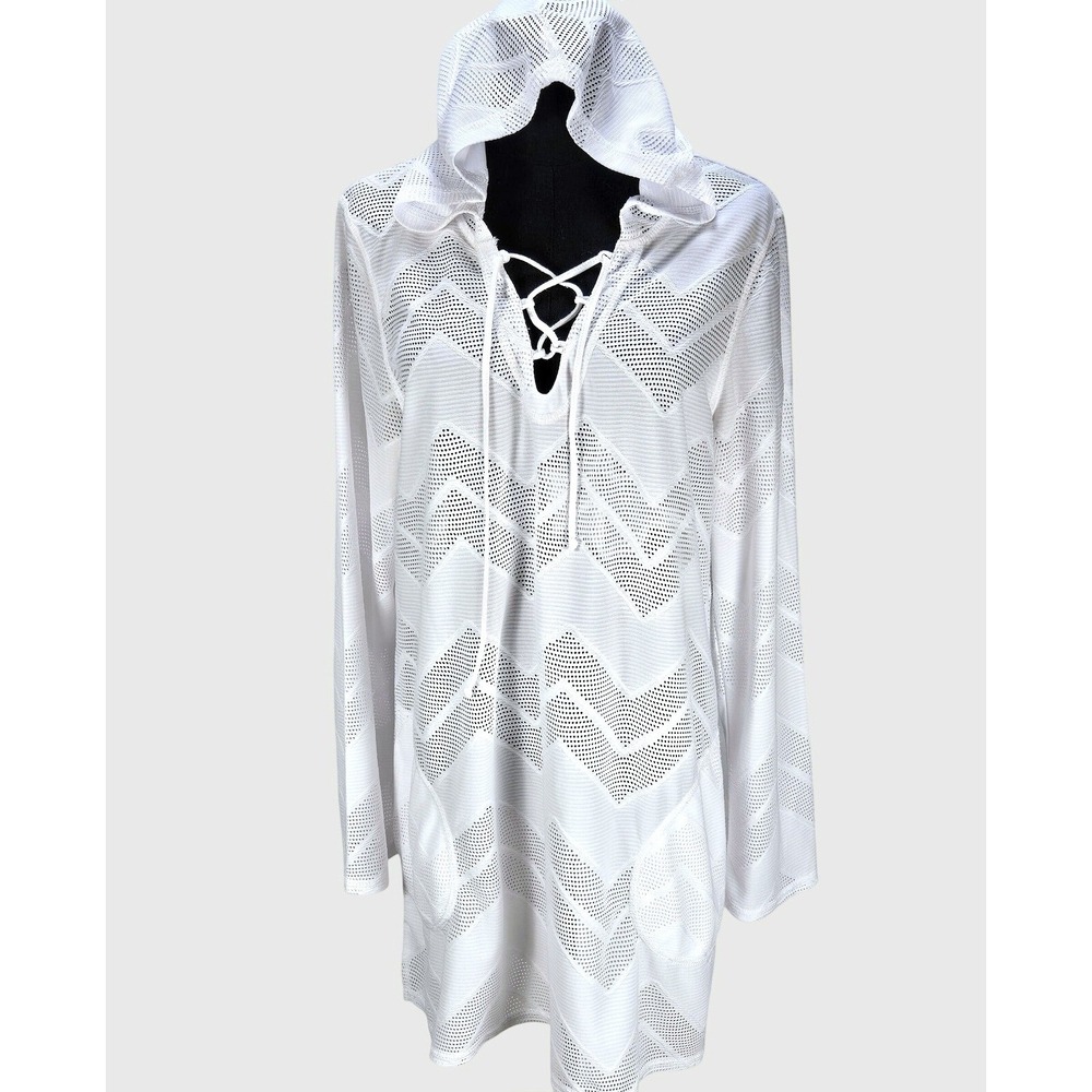 Women's prAna XL White Mesh‎ Hooded Tunic Coverup Chevron Lace Up Lace-Up